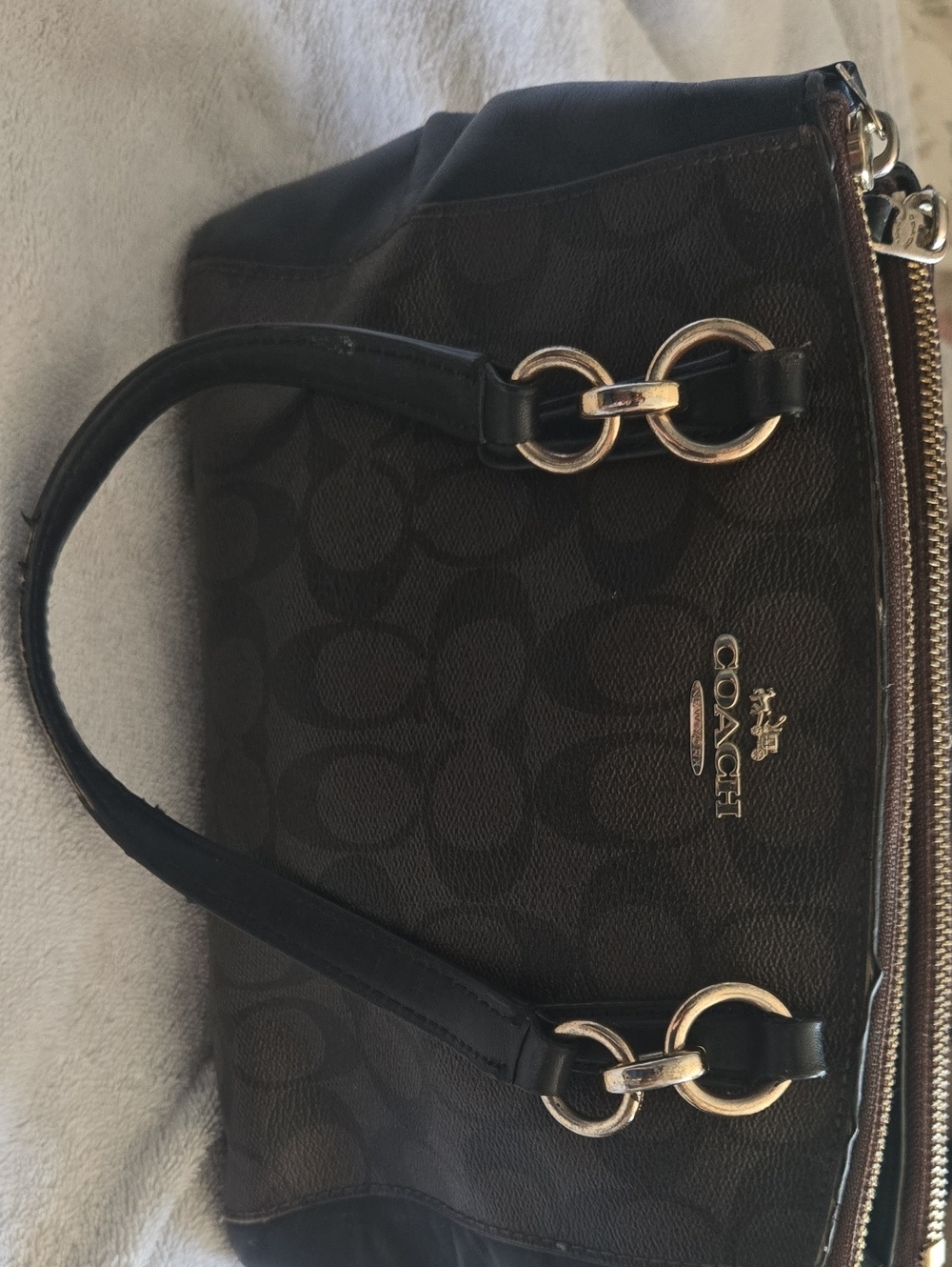 Coach Dark Brown Logo Shoulder Bag with Black Handles